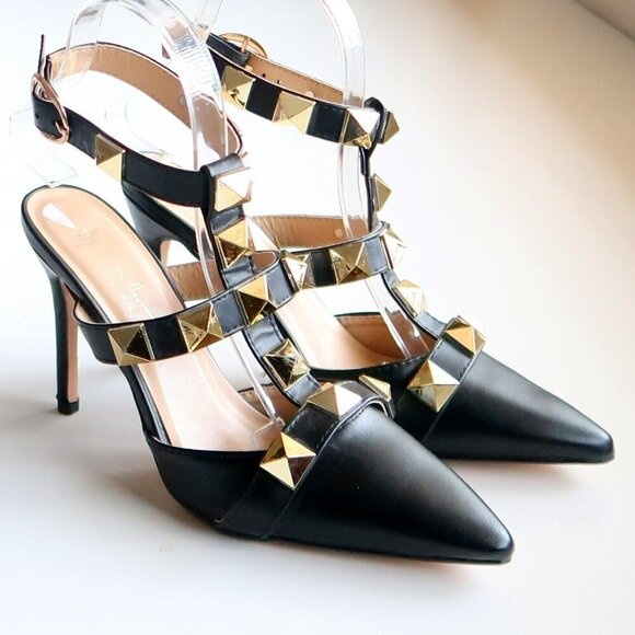 Nicole Miller Selty Black & Gold Pointy Toe Studded Heels / Pumps / Sandals 6.5 - Picture 2 of 16